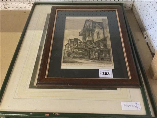 Pair of French classical drawings (prints) & a print of Coffee House, Exeter